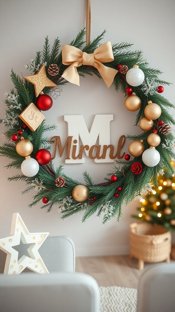 A personalized wreath featuring the name 'Mirand' and an initial 'M', decorated with ornaments and a bow.