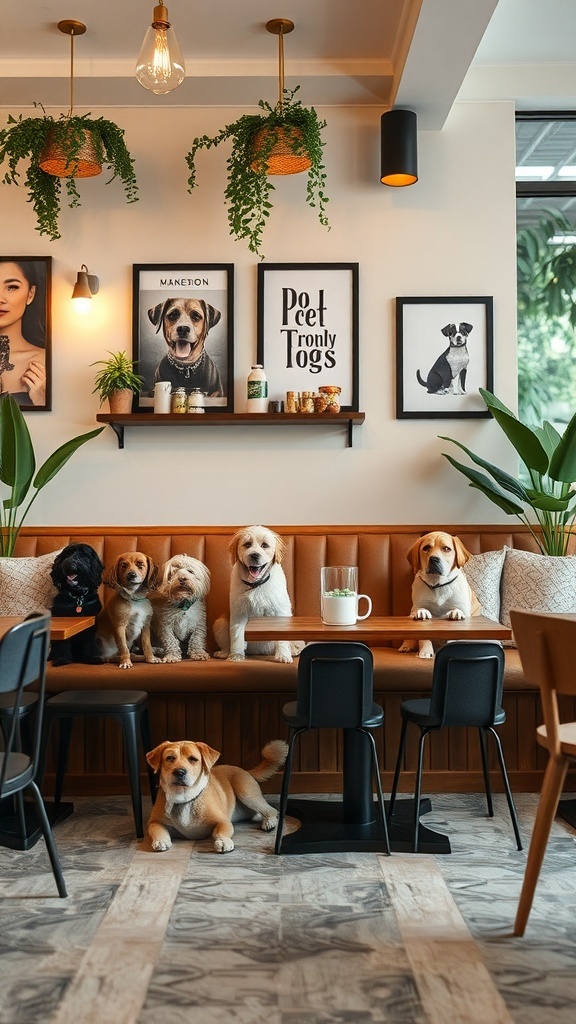 A cozy cafe with a pet-friendly area featuring several dogs sitting on a bench, surrounded by plants and dog-themed artwork.
