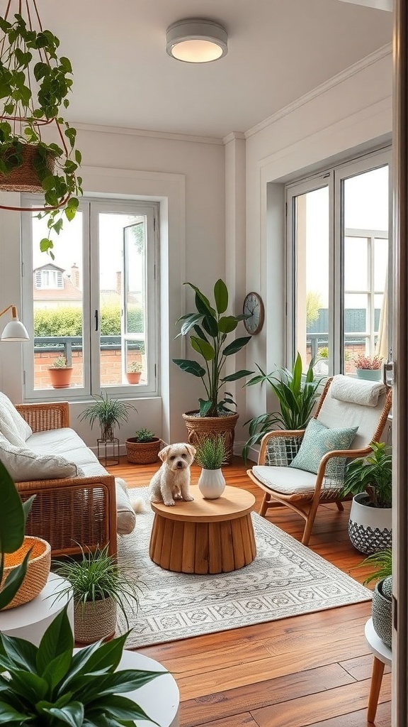 A cozy balcony with plants and a small dog sitting on a wooden table.