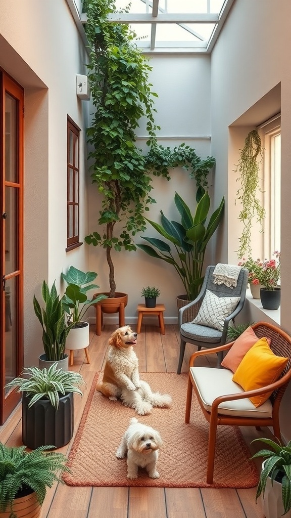 A cozy pet-friendly balcony with two dogs, plants, and comfortable seating.