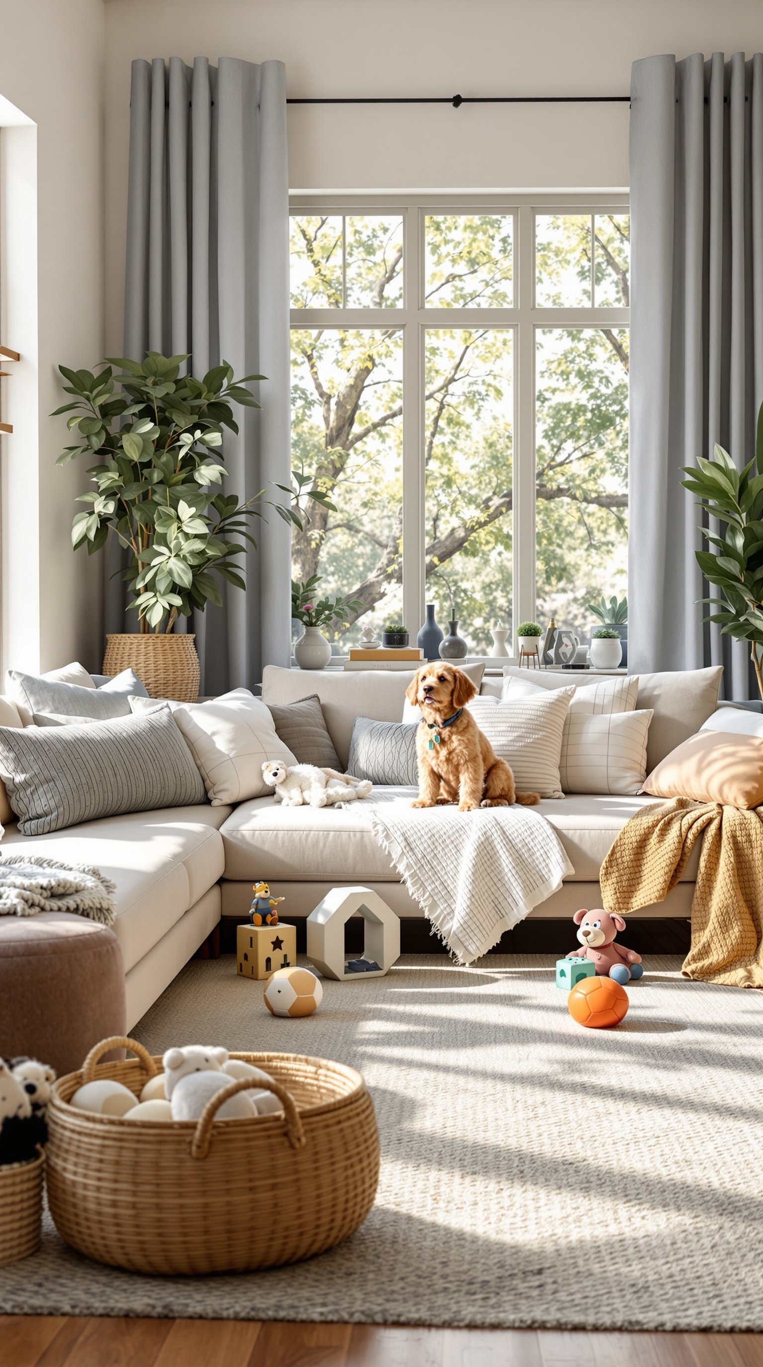 A cozy living room with a dog on the couch, toys scattered on the floor, and large windows letting in natural light.