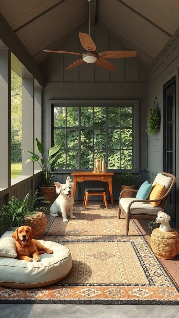 A cozy pet-friendly porch with dogs lounging on a bed and a rug, surrounded by plants and comfortable furniture.