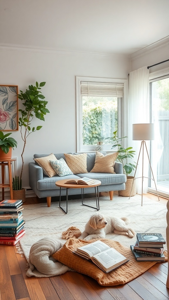 A cozy reading corner with a dog on a rug, surrounded by books and a comfortable sofa.