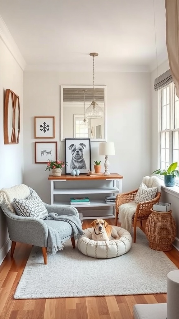 Cozy reading nook with a dog in a pet bed, featuring soft chairs and warm decor.