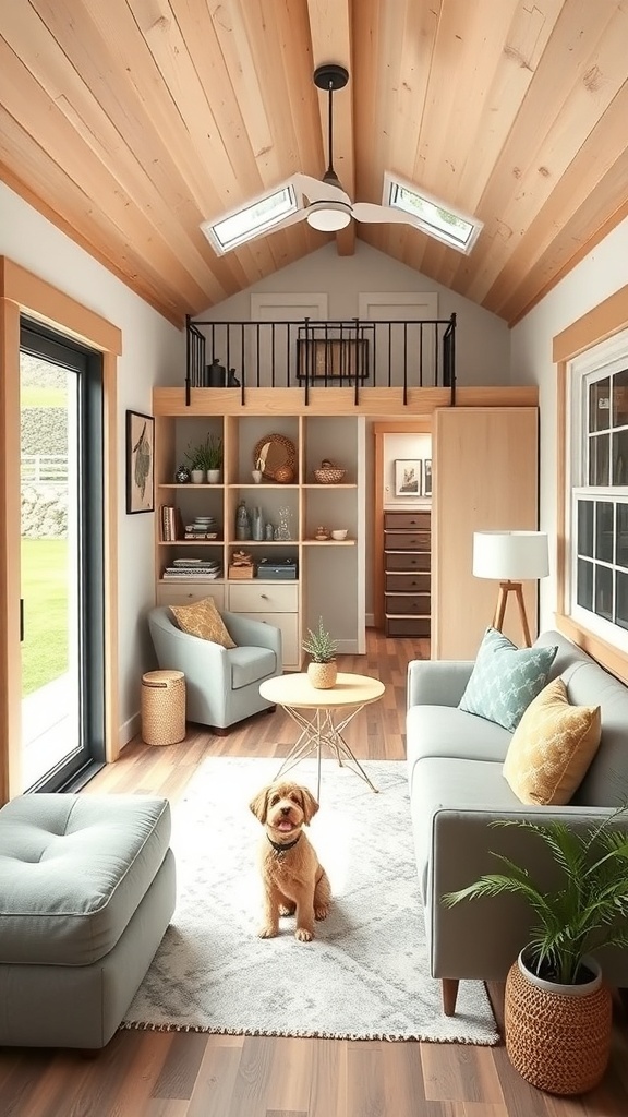A cozy tiny house living room with a dog, featuring light wood accents and comfortable seating.