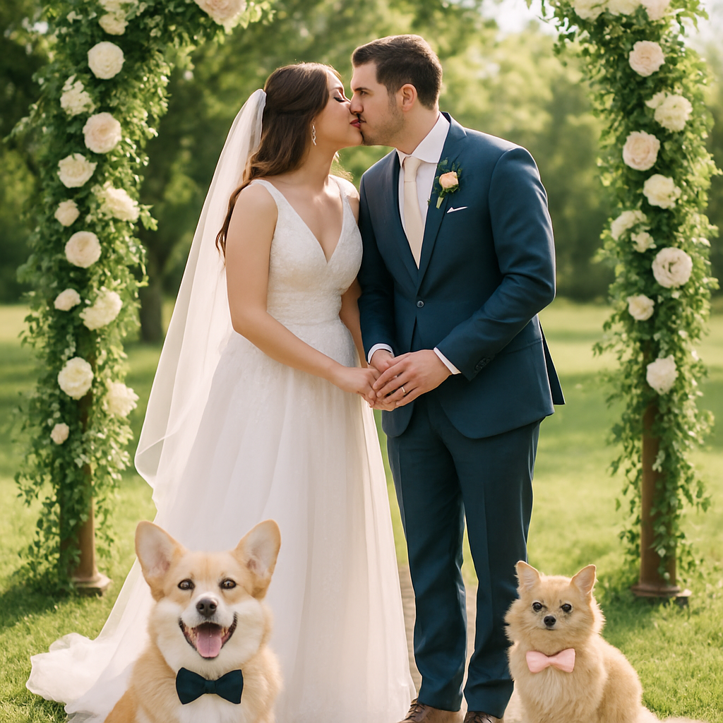 A couple kissing at their wedding ceremony with two dogs in front of them, one wearing a bow tie.