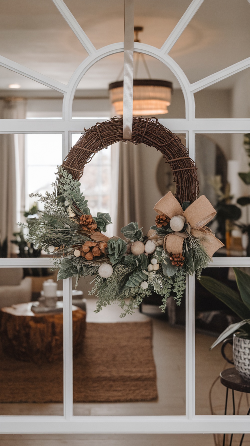 A pet-friendly Christmas wreath made of natural elements like pinecones and greenery, hanging on a door.