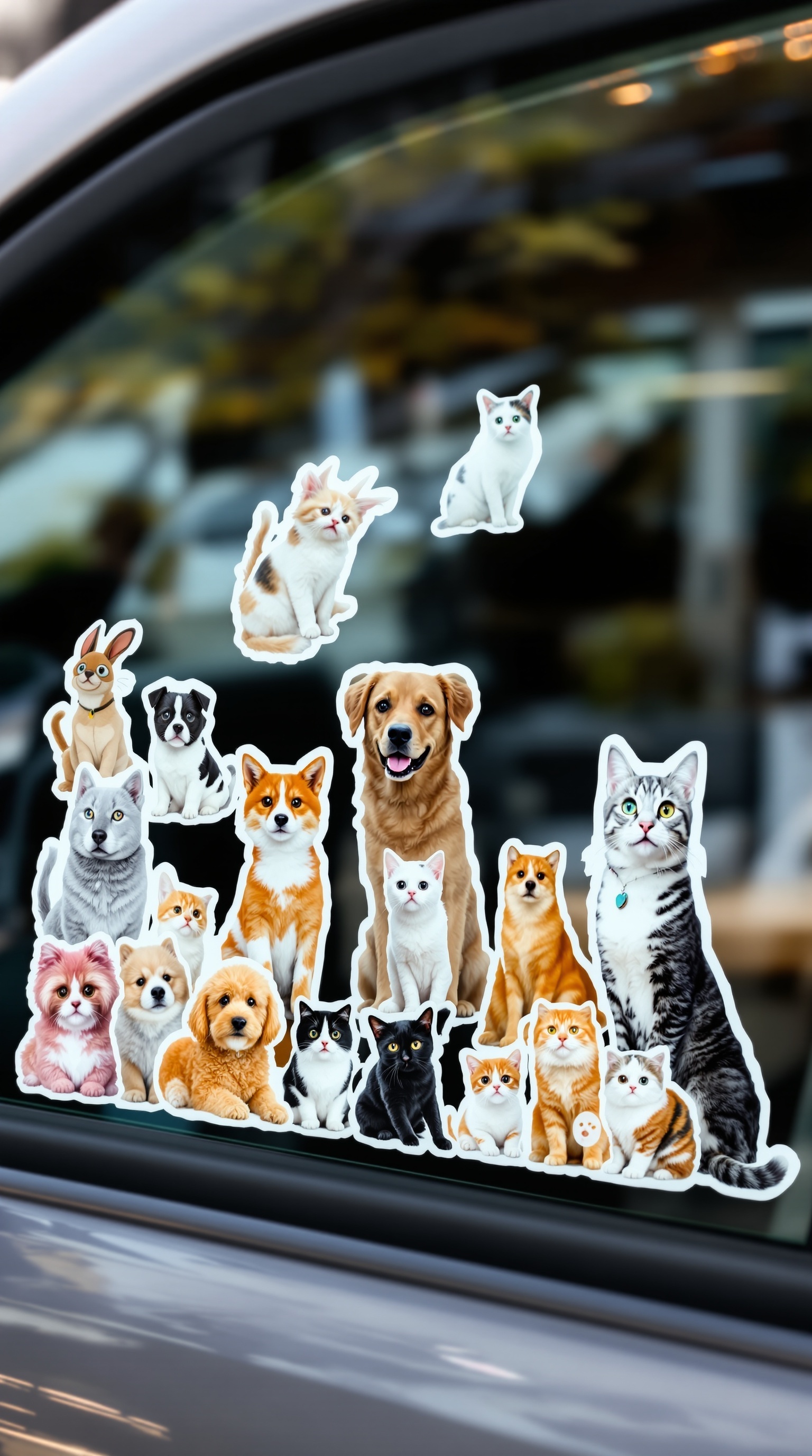 A collection of pet stickers featuring various dogs, cats, and a rabbit on a car window.