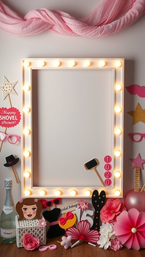 A decorative photo booth frame with lights and various fun props for a bridal shower