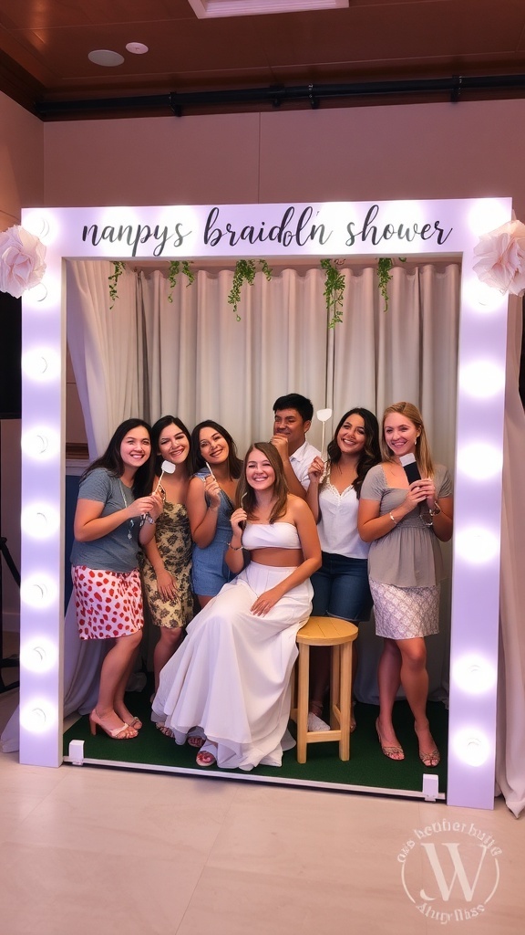 Group of friends enjoying a photo booth at a bridal shower