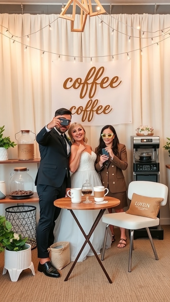Bridal shower photo booth with coffee props, decorated with string lights and signs.