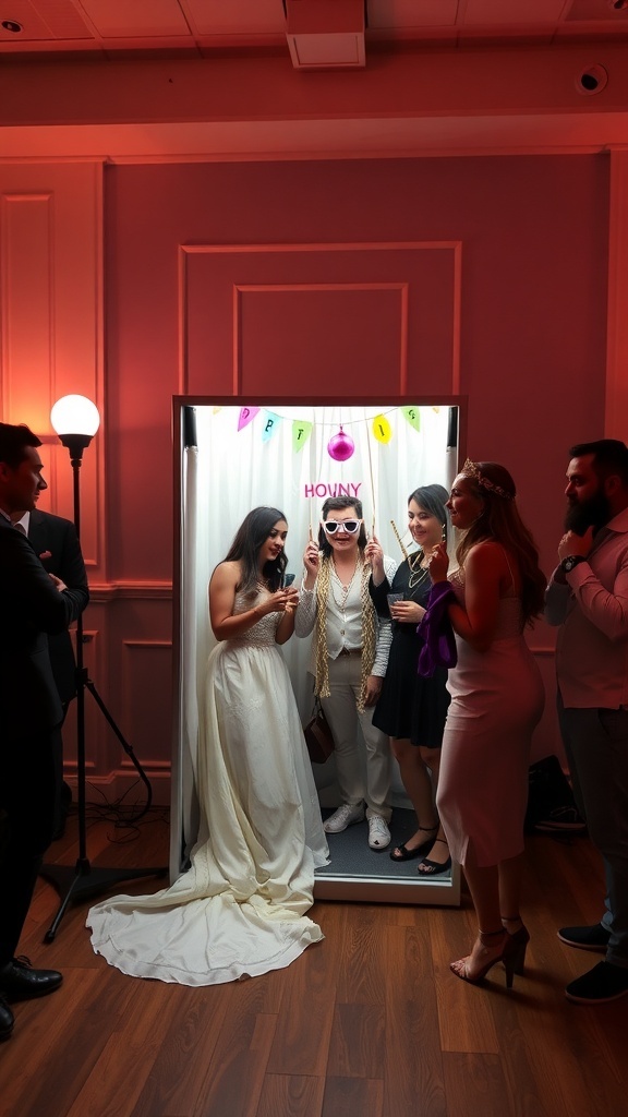A vibrant photo booth at a wedding featuring guests with props and playful decorations.