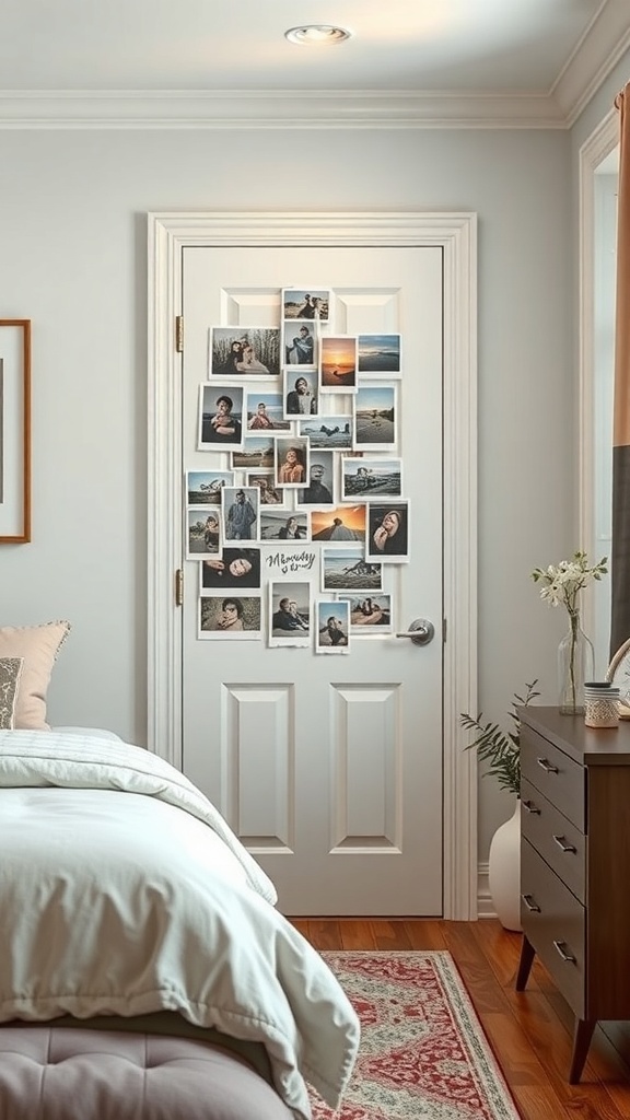 A bedroom door decorated with a photo collage, showcasing various memories.