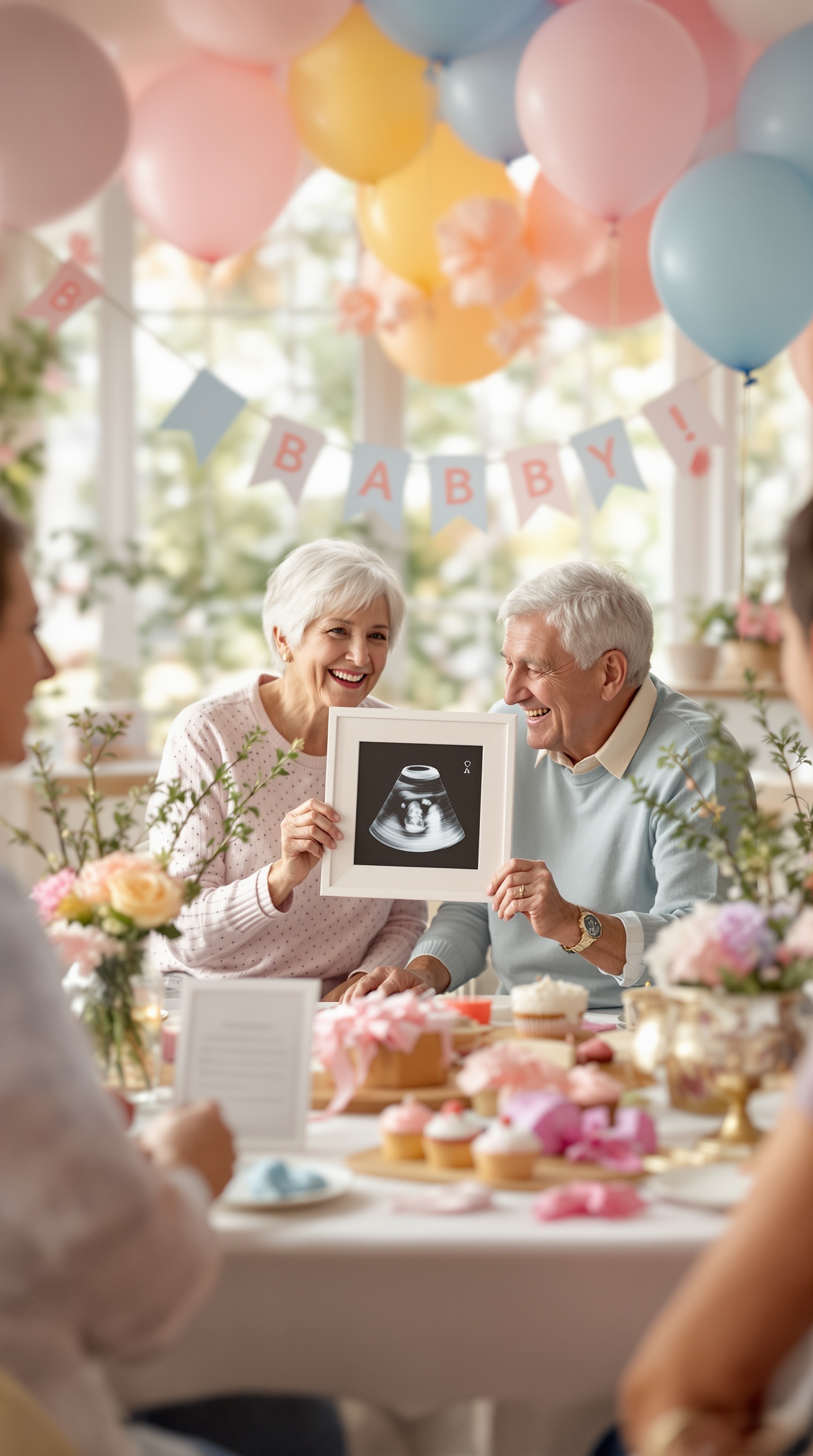 Grandparents joyfully revealing a gender ultrasound in a decorated setting.