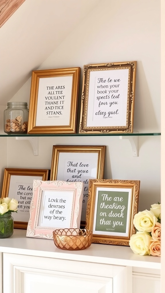 A display of decorative photo frames with various quotes, arranged elegantly on a shelf.