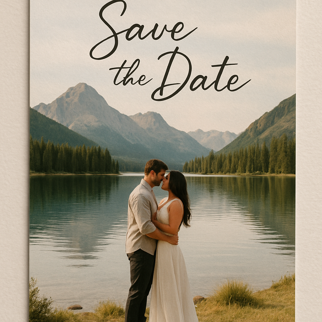 A couple kissing by a lake with mountains in the background, featuring 'Save the Date' text.