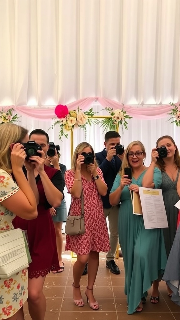 A group of wedding guests eagerly holding cameras during a photo scavenger hunt.