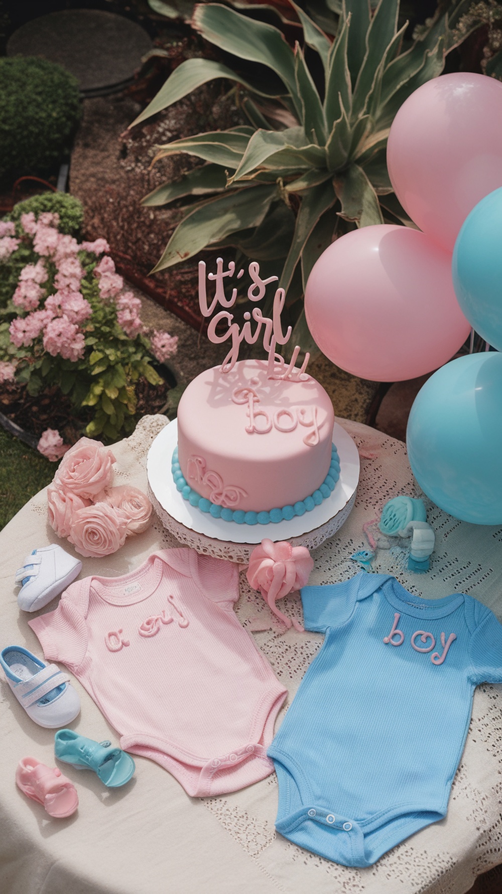 A baby gender reveal setup featuring a cake, pink and blue outfits, balloons, and flowers.