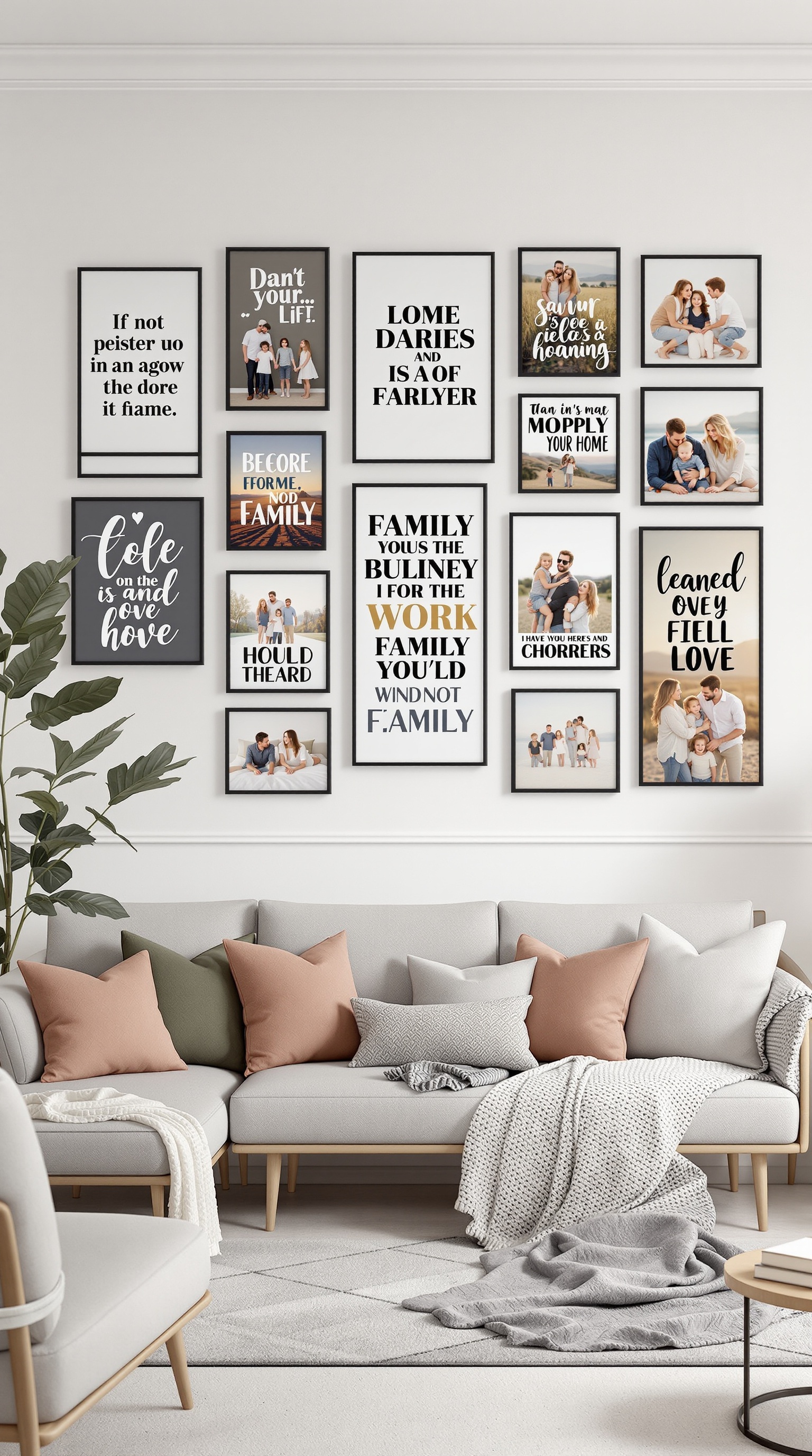 A stylish photo wall featuring family pictures and inspirational quotes in various frames.