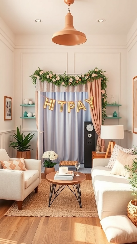 Decoración de un photobooth temático con letras doradas y flores, ideal para un cumpleaños.