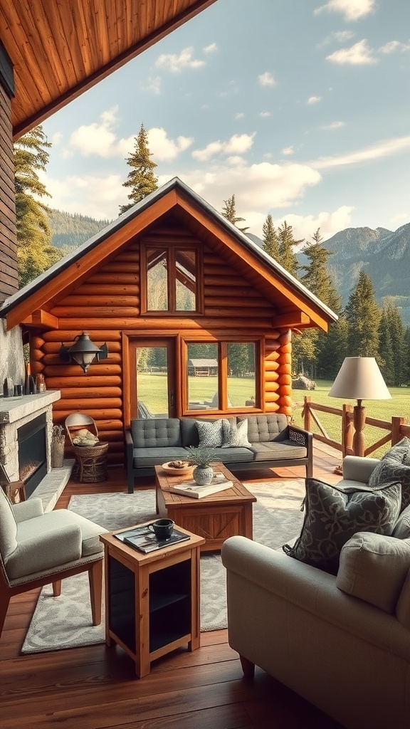 Cozy cabin interior with wooden furniture and large windows overlooking nature