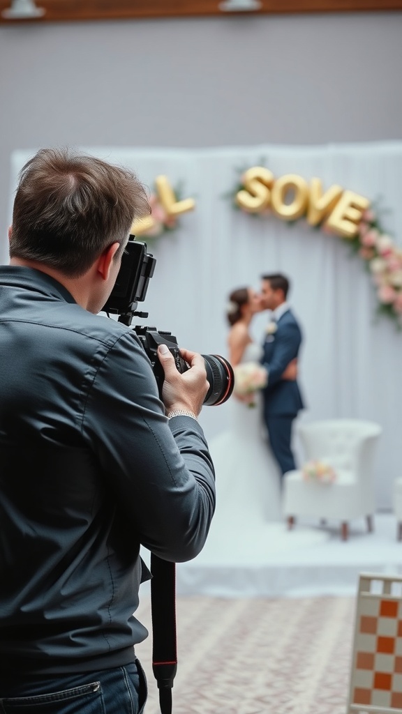 A photographer capturing a couple during a wedding ceremony.