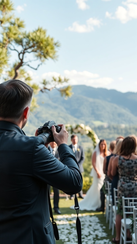 A photographer capturing a wedding ceremony outdoors with mountains in the background.