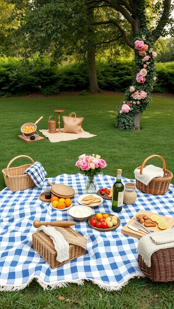 A cozy picnic setup for a backyard wedding reception with food and floral decor.