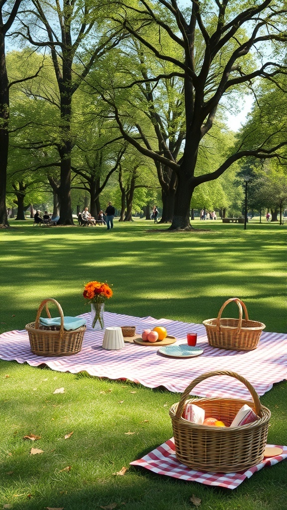 A picnic setup in a park with baskets and a blanket under trees