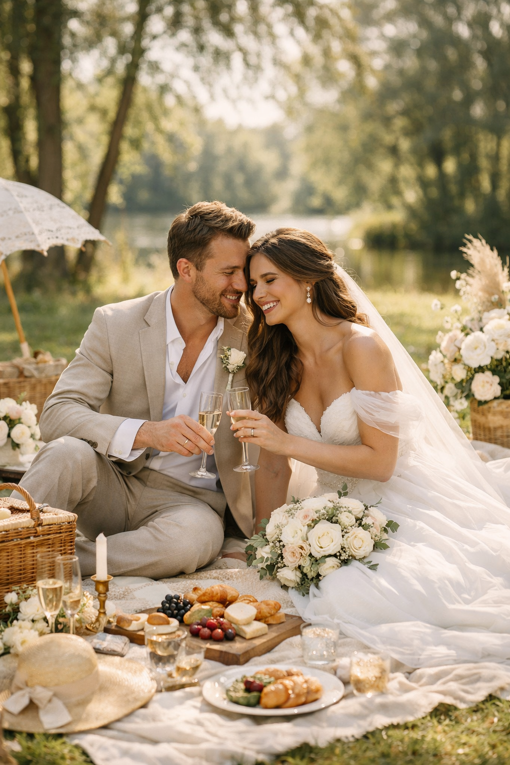 Happy couple celebrating their engagement with a picnic in the park