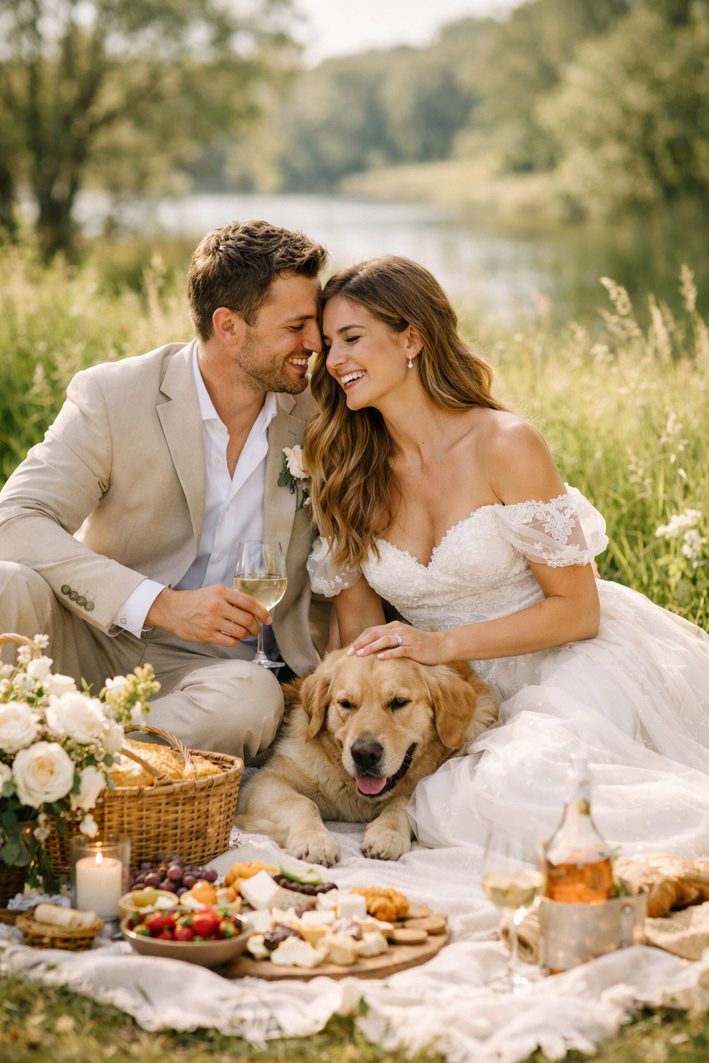 A happy couple enjoying a picnic with their golden retriever by a lake.