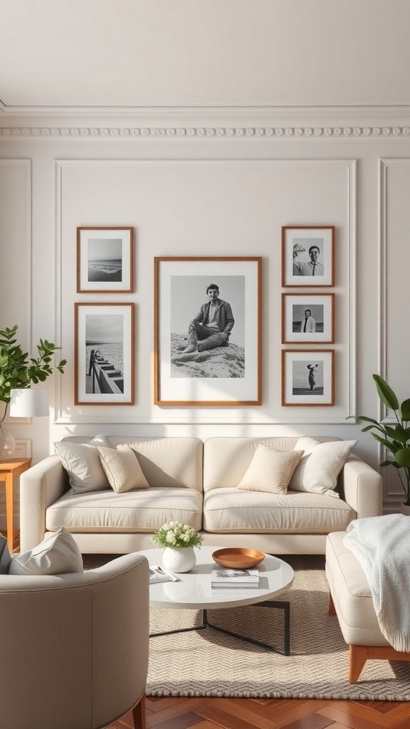 Living room with picture frame moulding displaying black-and-white photos