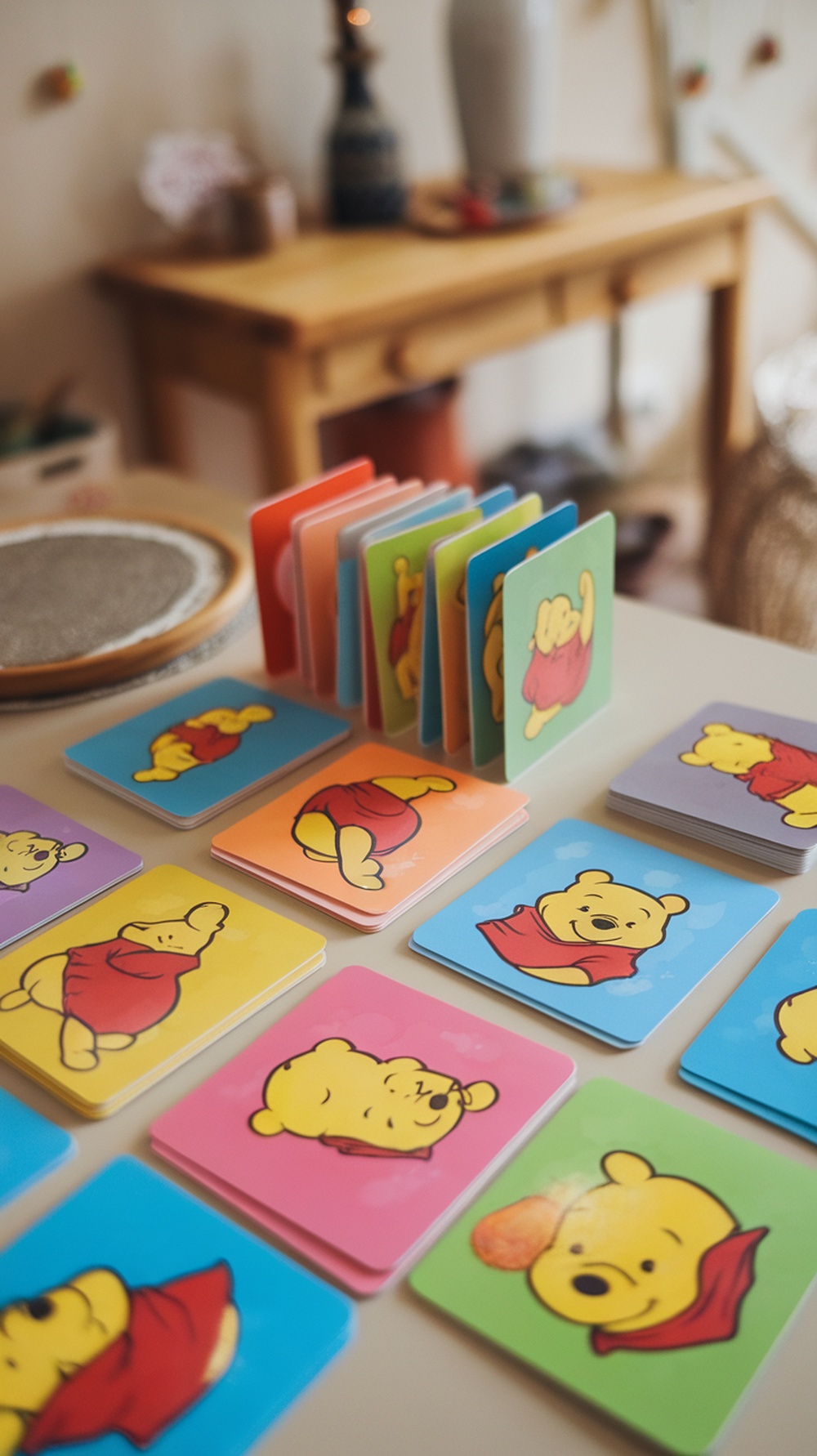 Colorful memory match cards featuring Winnie the Pooh and friends for a baby shower game.