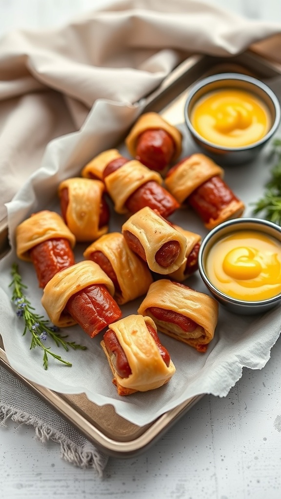 A platter with freshly baked pigs in a blanket served with mustard on the side.