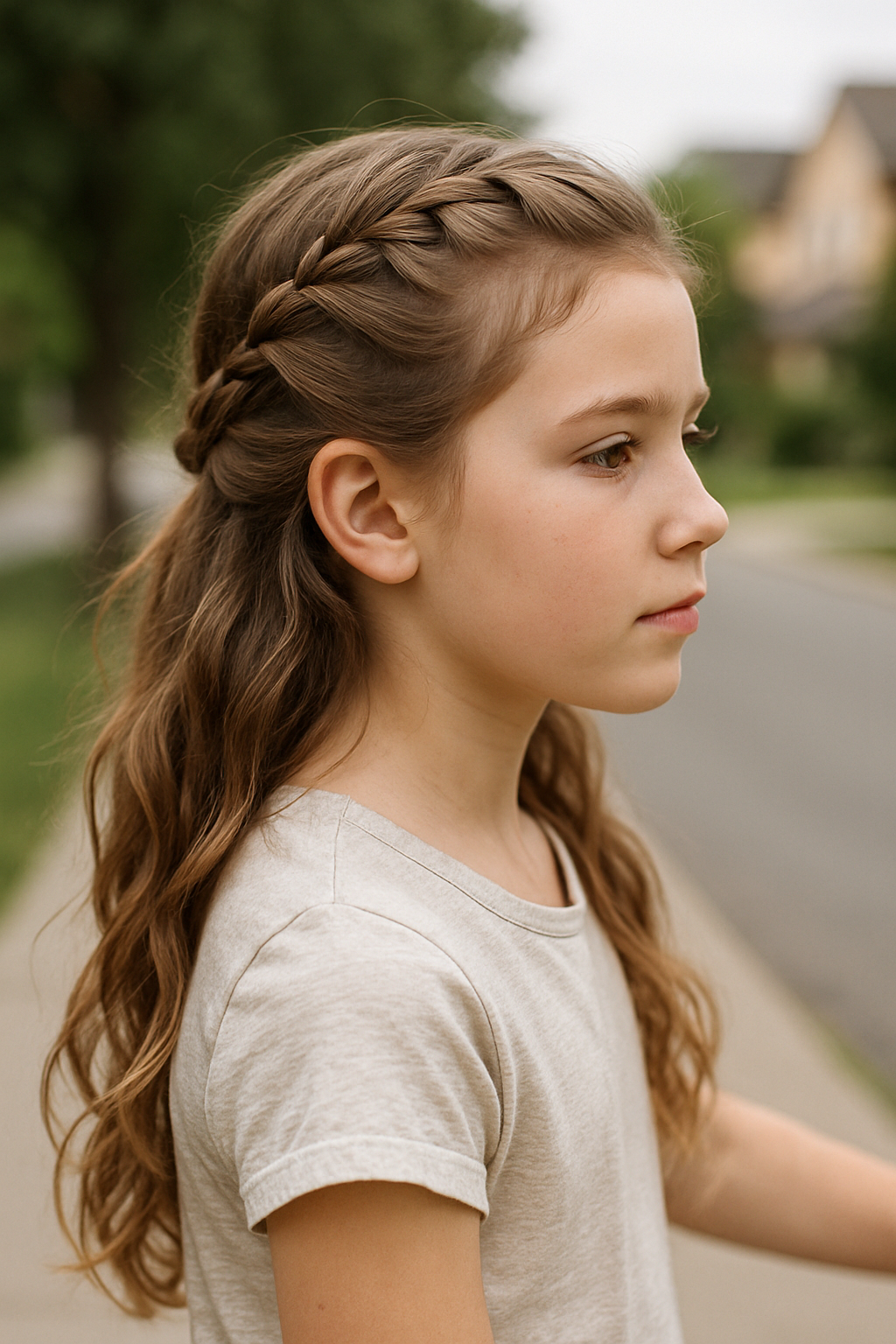 A young girl with pigtails styled with colorful hair ties.