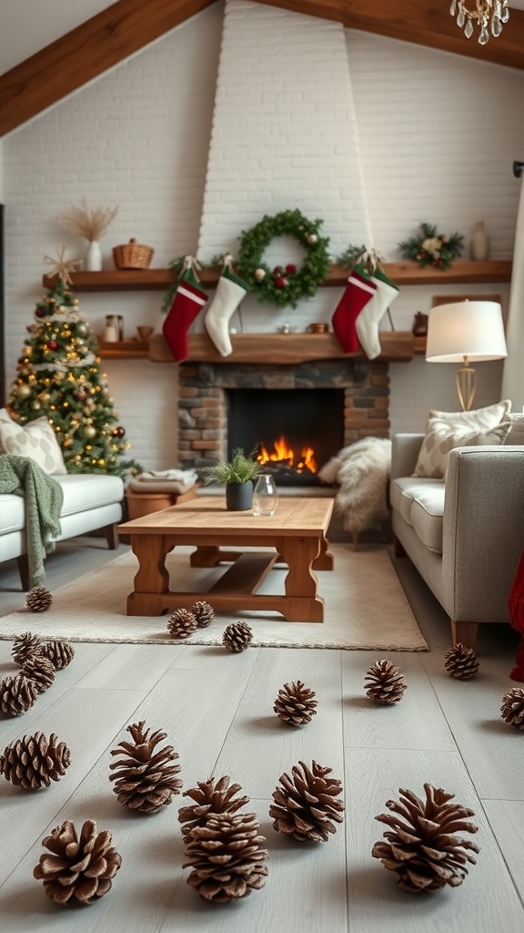 A cozy living room decorated for Christmas with pine cones scattered on the floor, a fireplace, stockings, and a Christmas tree.