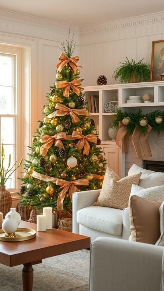 A rustic Christmas tree decorated with pine cones and burlap ribbons, set in a cozy living room.