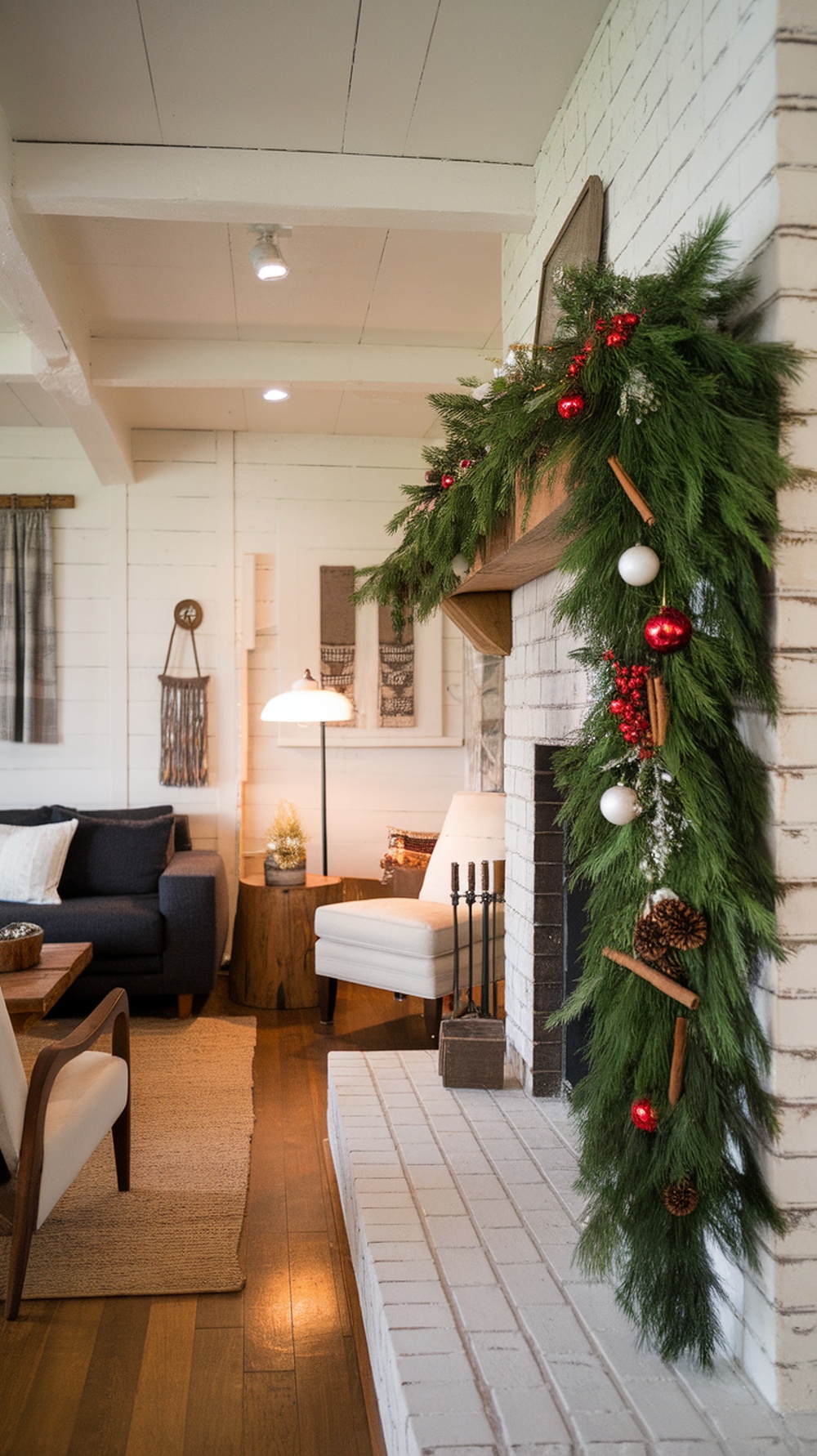 A cozy living room with a pine garland draped over a fireplace mantel, decorated with red and white ornaments, pine cones, and cinnamon sticks.