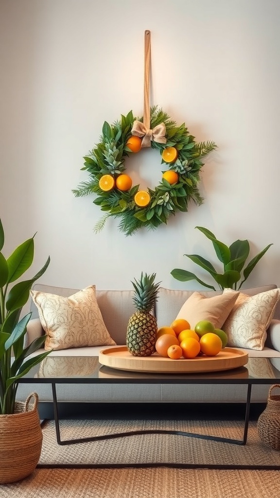 A winter wreath featuring pineapples and citrus fruits, hanging on a wall above a cozy sofa with decorative pillows.