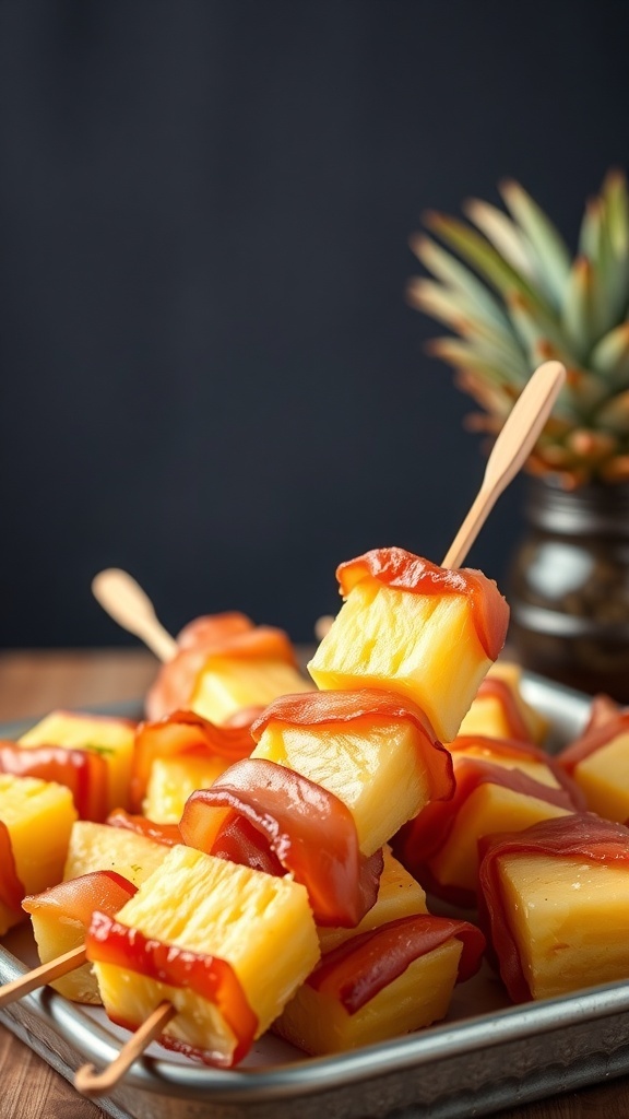A platter of pineapple and prosciutto skewers ready for a bridal shower brunch.