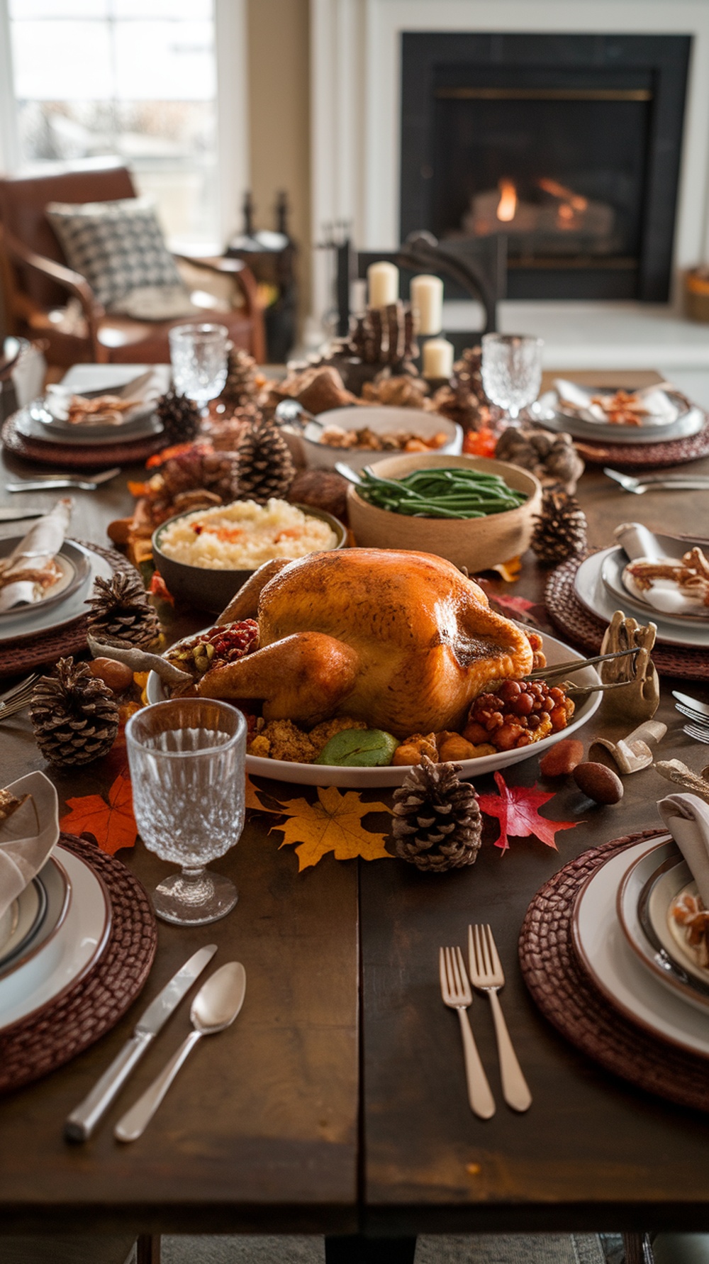 A rustic Thanksgiving table setting featuring pinecones, acorns, and a roasted turkey.