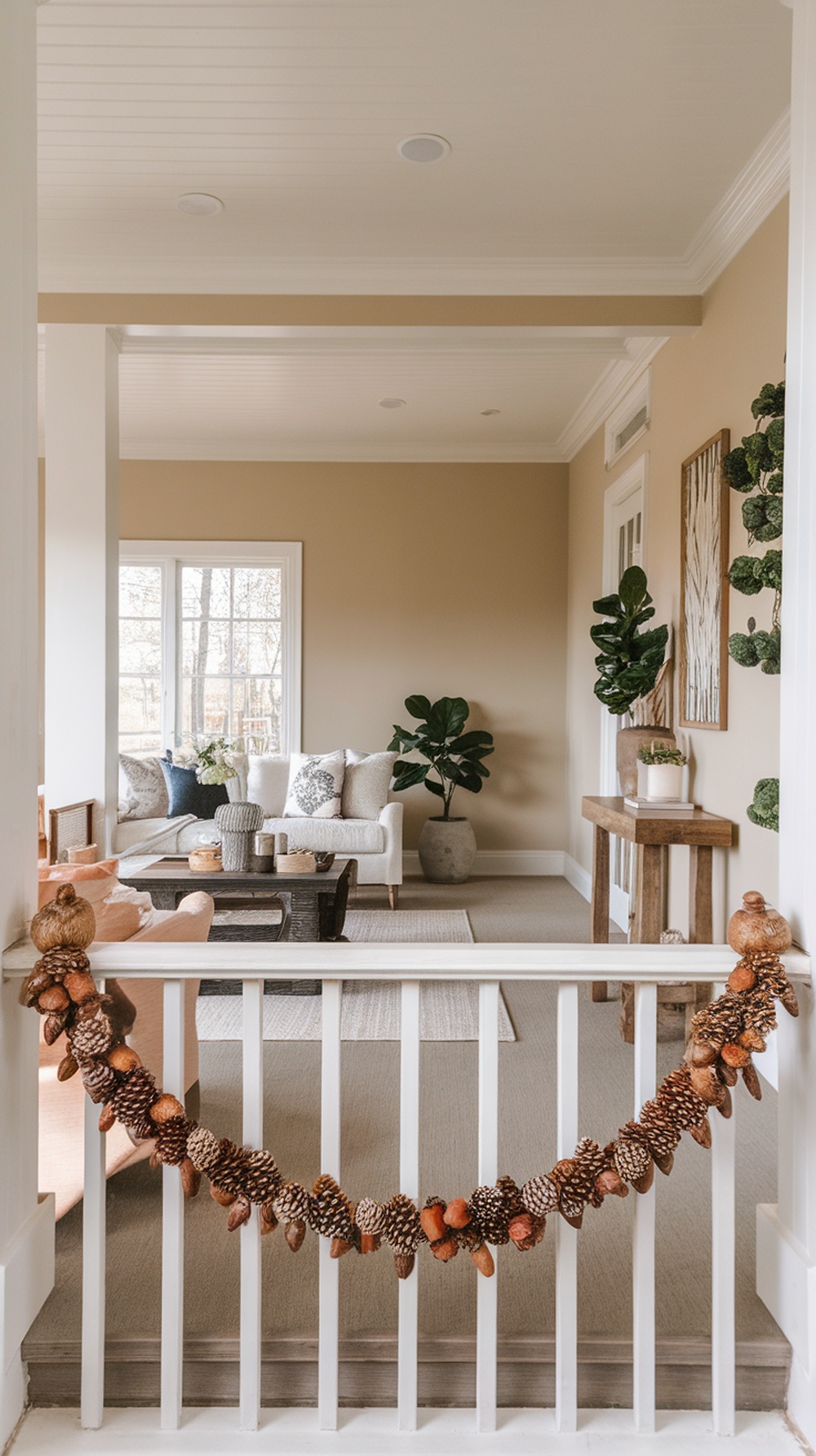 A cozy porch decorated with a garland made of pinecones and acorns.