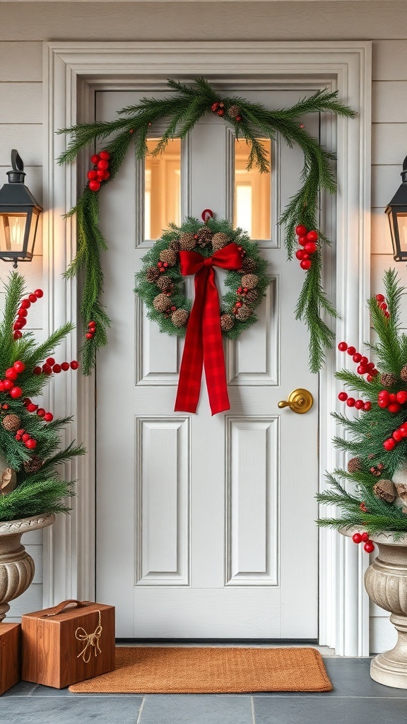 A beautifully decorated door with pinecone and berry accents, featuring a wreath and greenery, creating a festive holiday atmosphere.