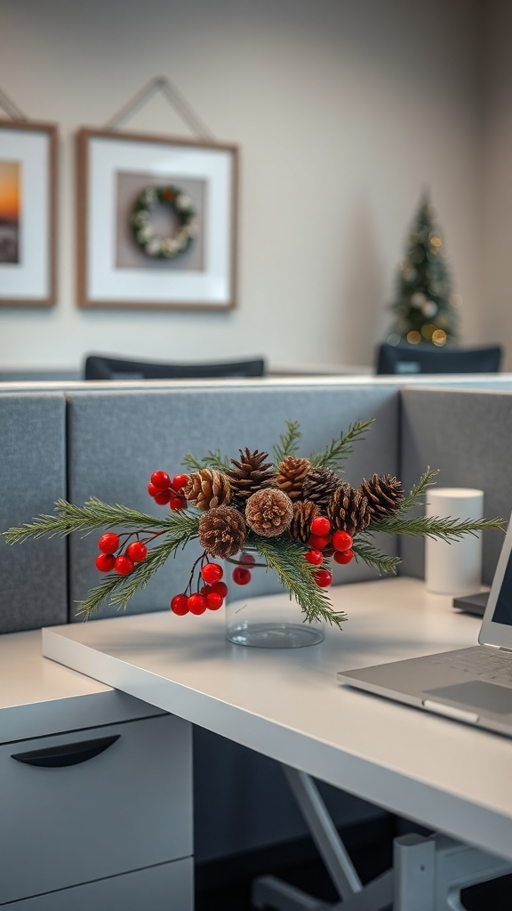 A festive arrangement of pinecones and red berries on a desk in an office cubicle.