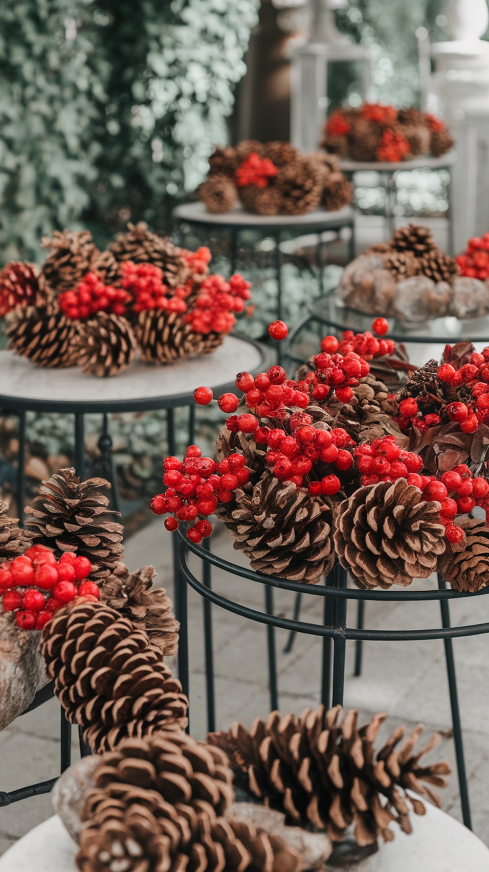 A collection of pinecone and berry arrangements on tables, featuring brown pinecones and bright red berries.