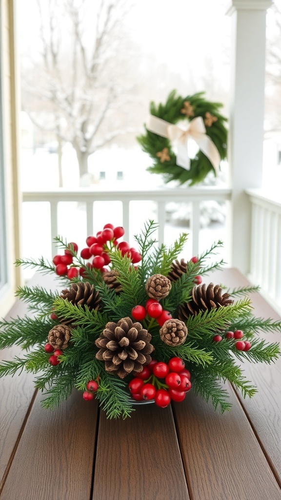 A winter centerpiece featuring pinecones and red berries on a wooden table, with a wreath in the background.