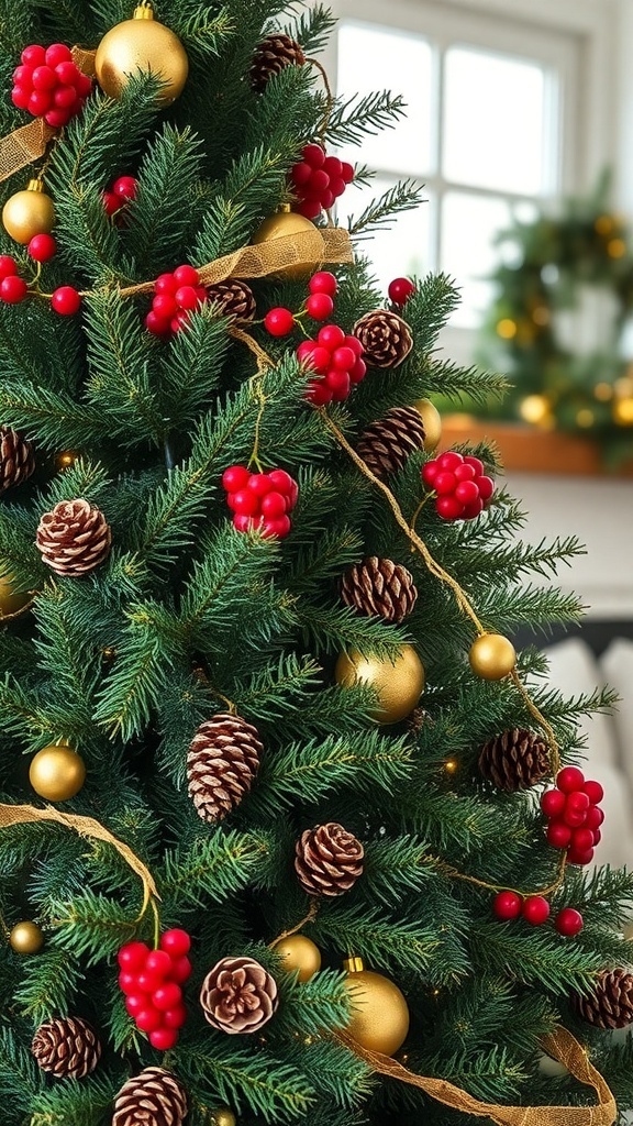 A rustic Christmas tree decorated with pinecone and berry garland, featuring red berries and golden ornaments.