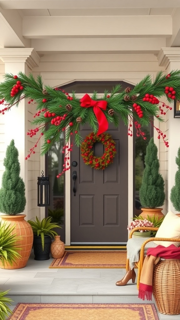 A winter front door decorated with a pinecone and berry swag, featuring a matching wreath and cozy seating.
