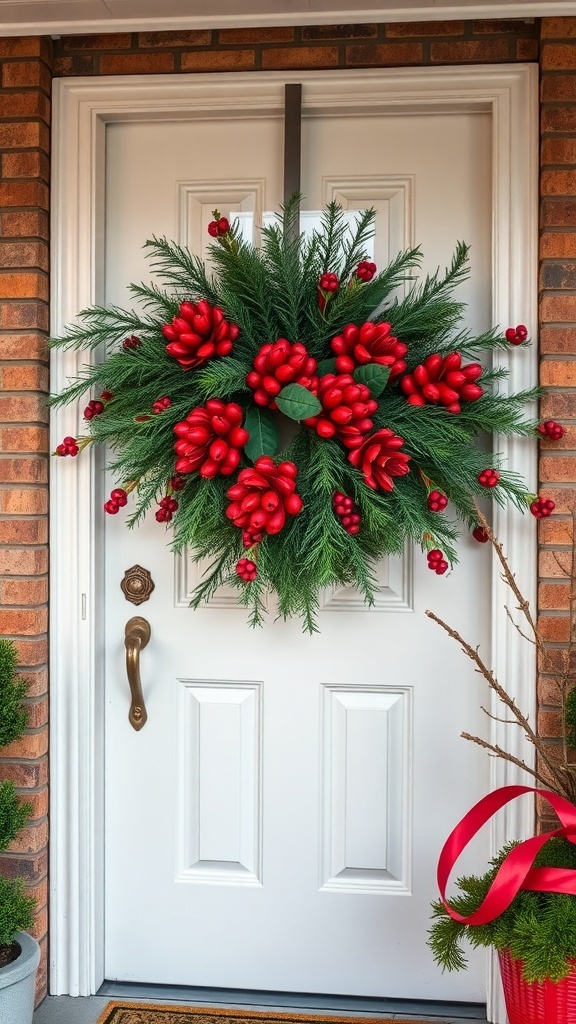 A beautiful pinecone and berry swag decoration on a front door.