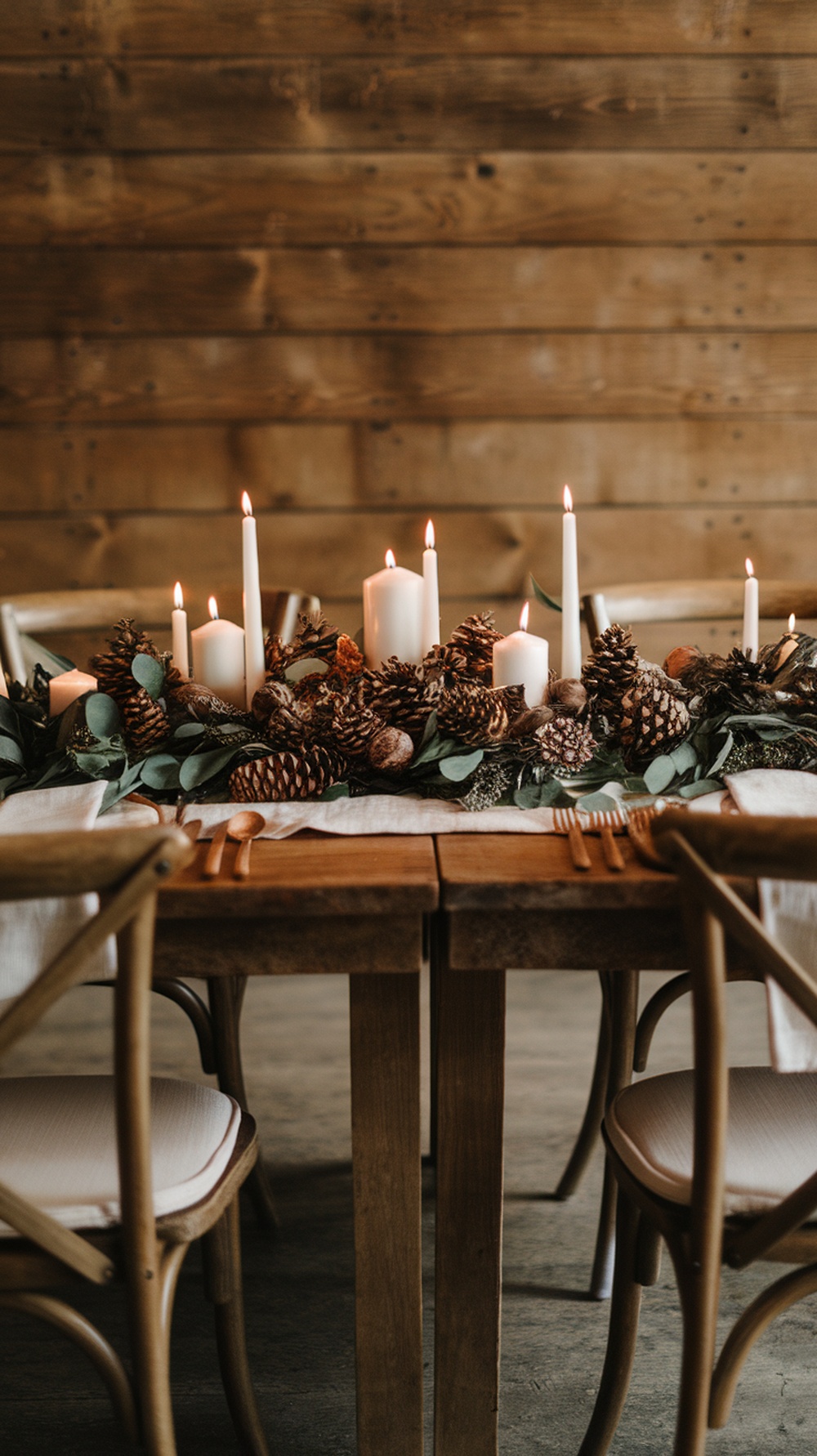 A holiday table with a pinecone centerpiece featuring candles and greenery.